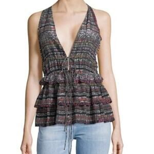 IRO Toledo Silk Deep V Blouse Ruffle Top Halter Tie Snake Print size 34 size XS